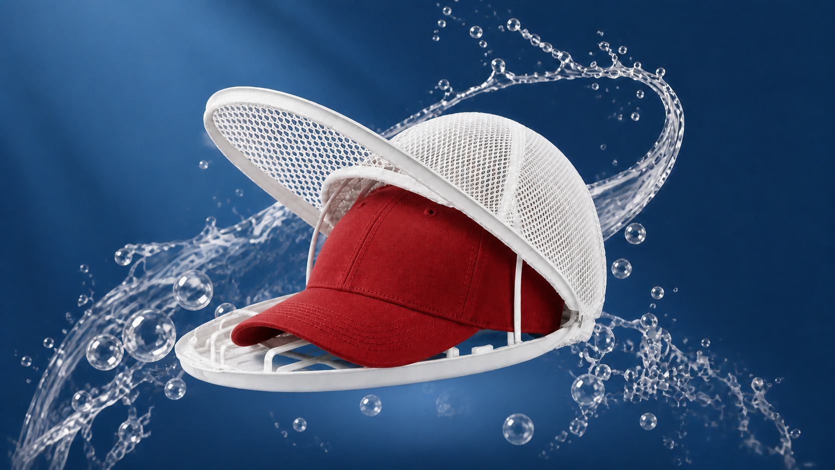 WASHSKIT Cap Wash & Shape Protector holding a red cap